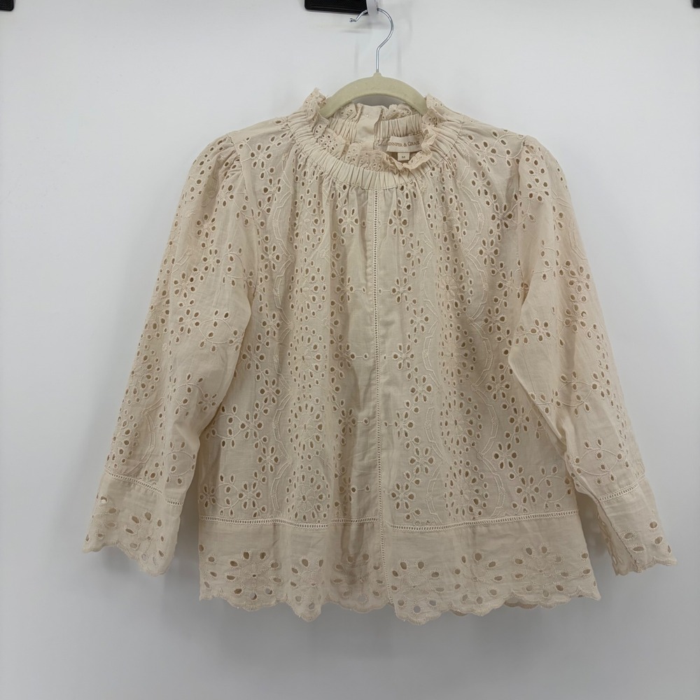 Jennifer & Grace Womens M Cream Cotton Eyelet Blouse Ruffle Neck Back Button Top - Picture 1 of 6
